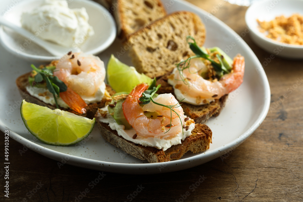 Roasted shrimps with cream cheese on toast Roasted shrimps with cream cheese on toast
