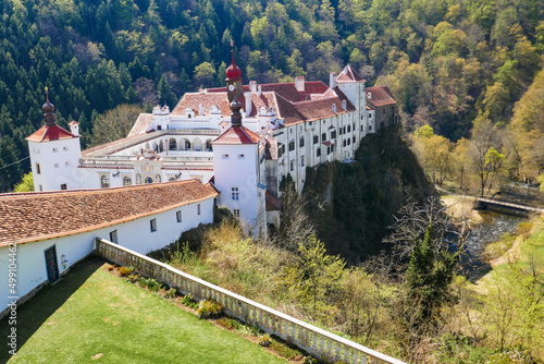 Old beautiful castle in Austria. Herberstein Castle in Europe in the mountains.