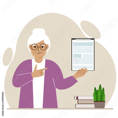 Sad grandmother holding a clipboard with a document and points his finger at it. Vector