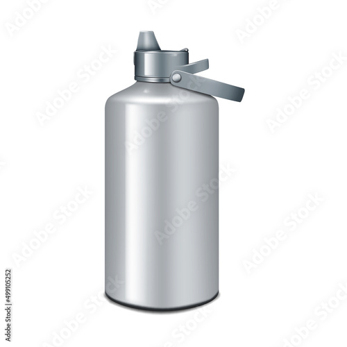 Blank metal insulated water bottle with straw lid realistic vector mockup. Reusable stainless steel travel sport flask isolated on white background mock-up