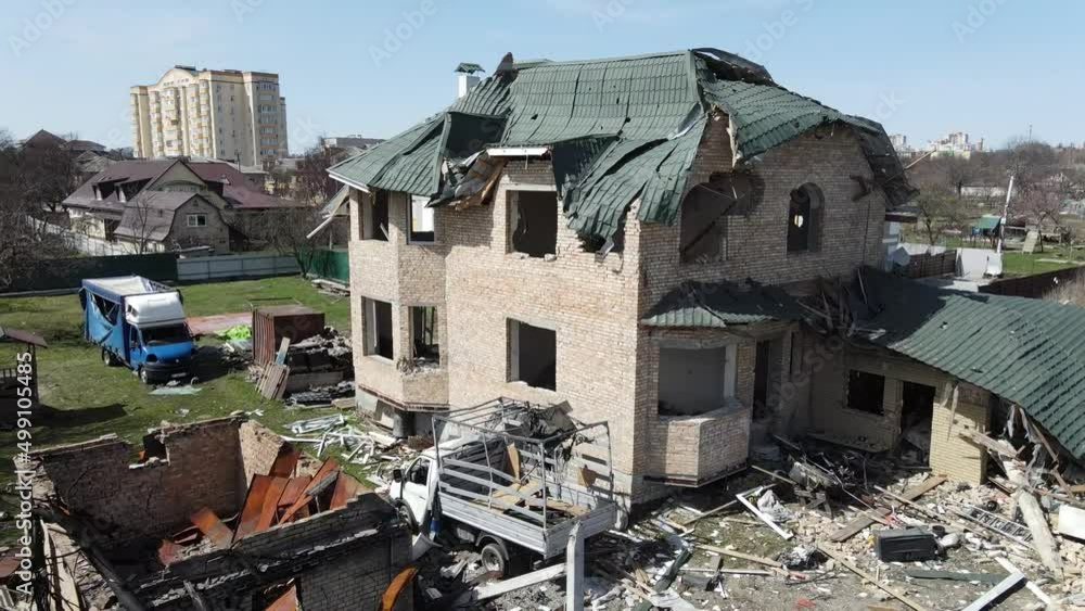 KYIV REGION, UKRAINE 01.04.2022 Irpin, Bucha, Dmitrivka. Atrocities of the russian army in the suburbs of Kyiv. Irpin. Houses of civilians destroyed by russian tanks. russia's war against Ukraine KYIV REGION, UKRAINE 01.04.2022 Irpin, Bucha, Dmitrivka. Atrocities of the russian army in the suburbs of Kyiv. Irpin. Houses of civilians destroyed by russian tanks. russia's war against Ukraine