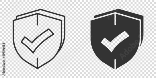 Shield with check mark icon in flat style. Protect vector illustration on white isolated background. Checkmark guard business concept.