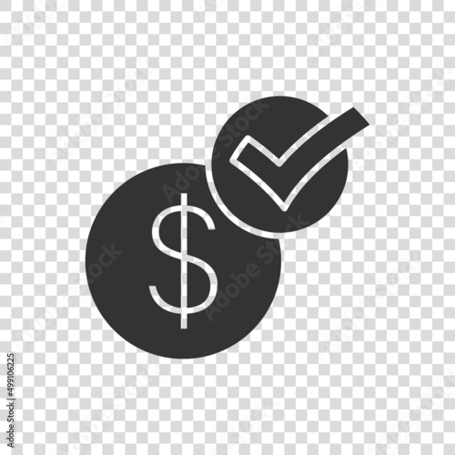 Coin check mark icon in flat style. Money approval vector illustration on white isolated background. Confirm business concept.