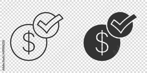 Coin check mark icon in flat style. Money approval vector illustration on white isolated background. Confirm business concept.