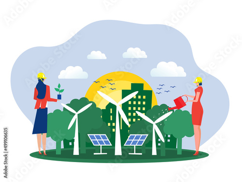 people using clean energy or ESG  nature protection, nature saving conceptconcept of environmental ,plant trees to produce air making the world's environment better.