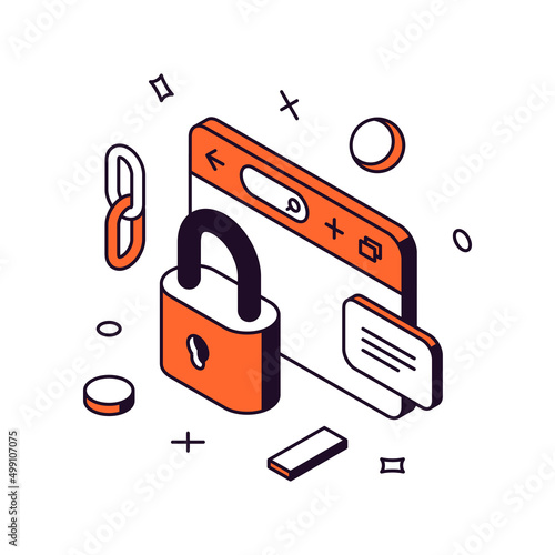 Internet security browser cyberspace protection with lock searching information incognito 3d icon isometric vector illustration. Online crime safety antivirus protect privacy hacking secure isolated