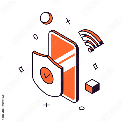 Mobile phone internet security safety wireless connection with shield 3d icon isometric vector illustration. Smartphone online hacker attack protective antivirus guard privacy incognito communication