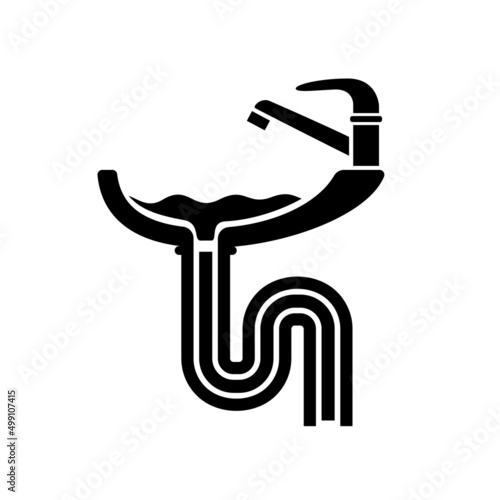 Washbasin plumbing system with pipes and drain. Simple style black detailed logo icon vector isolated