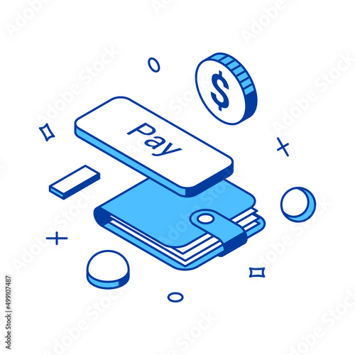 Online shopping cash wallet pay button business retail e commerce purchase 3d icon isometric vector illustration. Modern wireless technology digital store consumerism financial banking communication