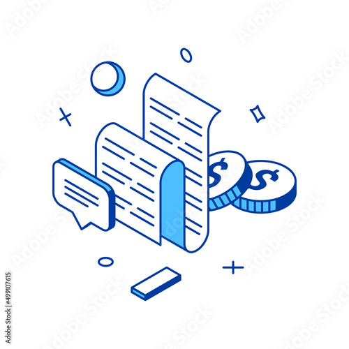 Online shopping list receipt and coin cash money financial document buying goods 3d icon isometric vector illustration. Commercial sale discount promotion account retail service business design