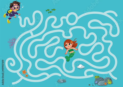 Help the diver boy to reach mermaid under the sea. Maze game for children. Vector illustration.