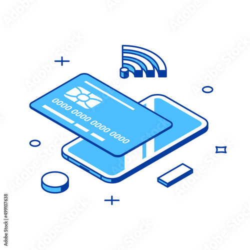 Online shopping credit card smartphone contactless payment goods purchasing 3d icon isometric vector illustration. Internet e commerce retail digital store financial banking pay cyberspace technology