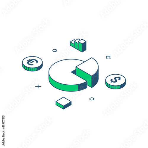 Currency financial market budget analysis chart diagram cash money coins 3d icon isometric vector illustration. Accounting banking balance economy global investment management profit risk optimization
