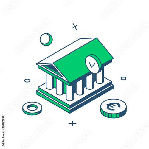 Classic bank building with columns and triangle roof 3d icon isometric vector illustration. Antique architecture facade public money savings service business department government house