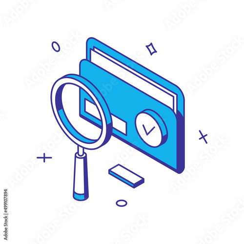 Digital data analyzing document folder business profit result with magnifying glass 3d icon isometric vector illustration. Checking financial datum marketing optimization strategy searching report
