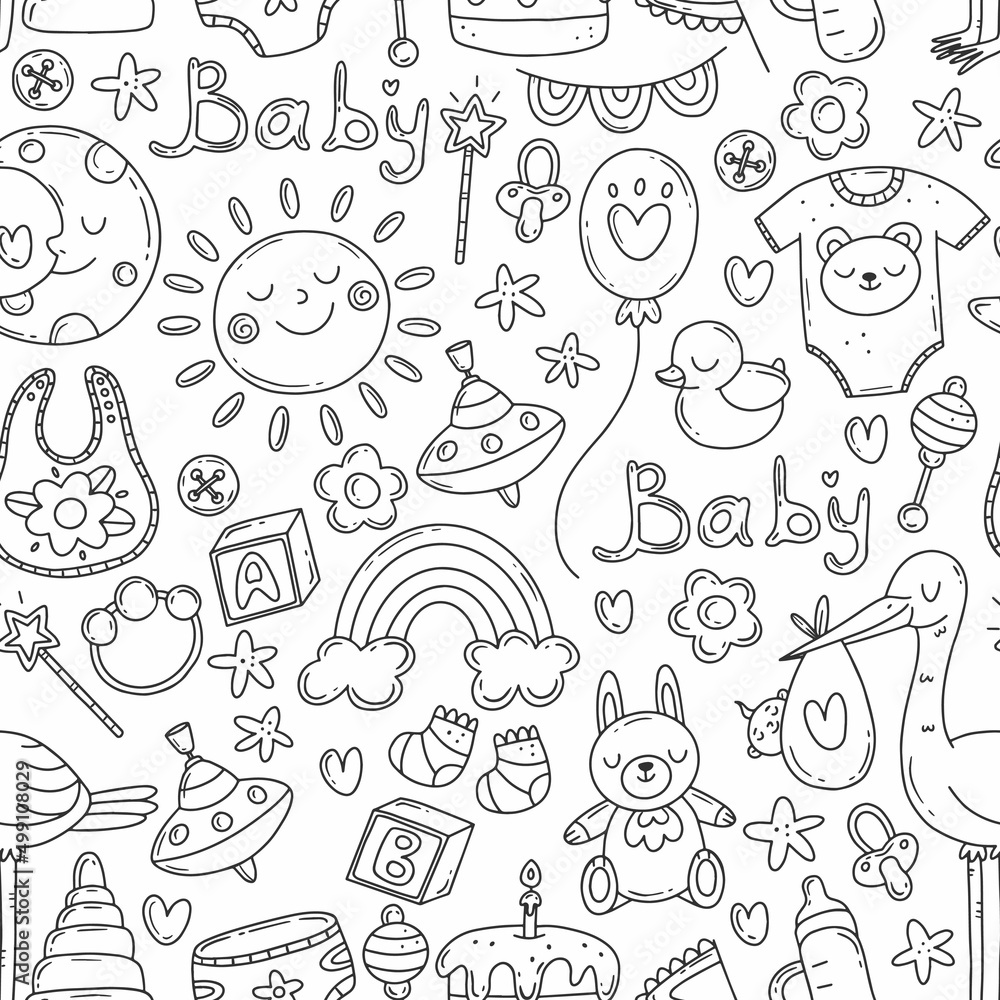 Black and white seamless pattern with doodle elements on the theme of the birth of a child. Baby print with cute elements.