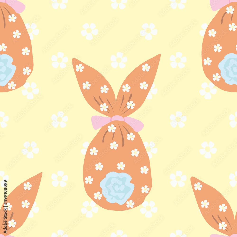 Childish Easter seamless pattern, egg with bow and ears, gift bunny, chamomile flowers, delicate baby colors, pink, blue, beige. Vector illustration suitable for fabric, paper and other design