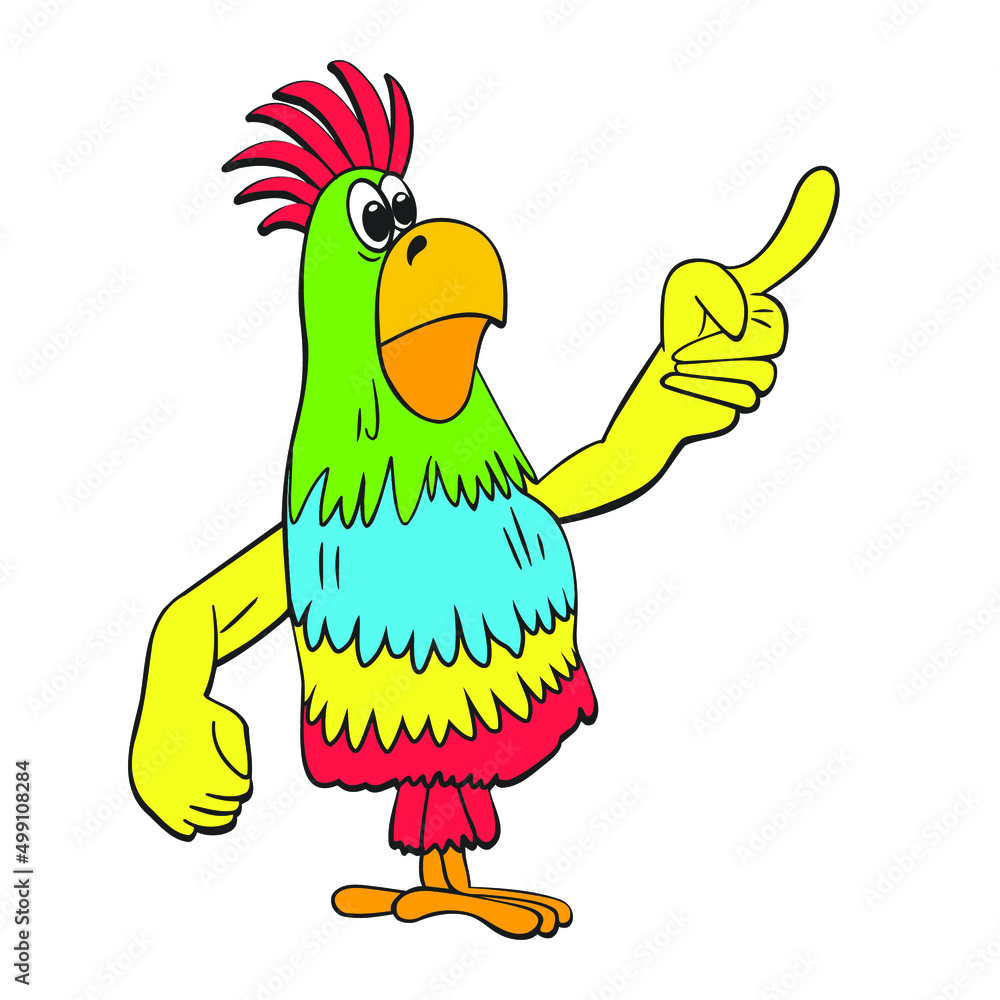 surprised, funny parrot, holds index finger up, points finger, cartoon, on a white background surprised, funny parrot, holds index finger up, points finger, cartoon, on a white background