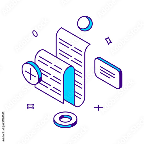 Online payment check paper receipt minimalist buying financial invoice bill purchasing calculate 3d icon isometric vector illustration. Seller banking form checkout for transfer buyer client