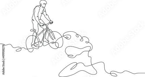 One continuous line. Cyclist on a bike in the mountains. Mountain bike. Extreme sport.Man cyclist.One continuous line drawn isolated, white background.