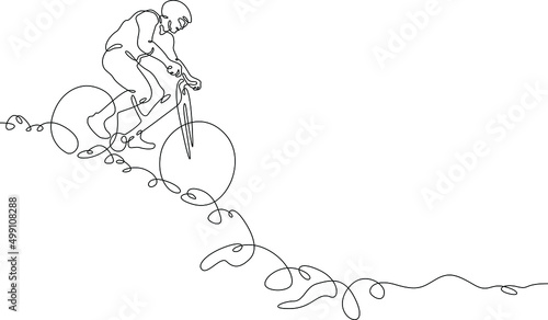One continuous line. Cyclist on a bike in the mountains. Mountain bike. Extreme sport.Man cyclist.One continuous line drawn isolated, white background.