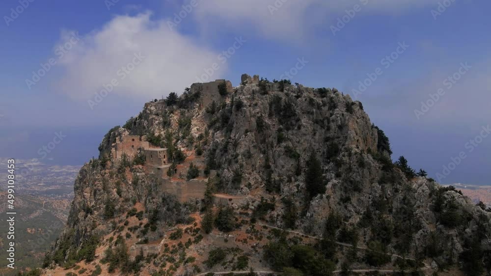Aerial top view of the Buffavento Castle medieval building in Kyrenia, North Cyprus