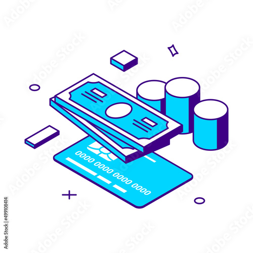 Online payment financial success with credit card cash money currency and coins pile for banking transaction 3d icon isometric vector illustration. Internet buying purchasing wealth and richness