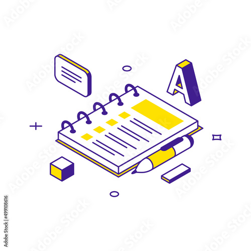 Paper notepad on spring for studying making notes with pen 3d icon isometric vector illustration. Book booklet blank for education science writing reminder communication school university learning