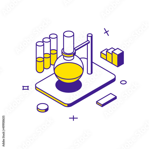 Scientific laboratory chemistry research with flask 3d icon isometric vector illustration. Minimalist science medicine and knowledge, biology examination, academic education, discovery exploration