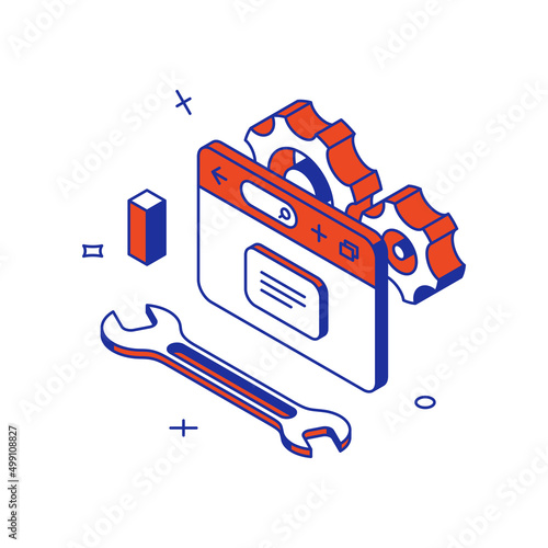 SEO optimization marketing strategy development cyberspace information search 3d icon isometric vector illustration. Management innovation website internet research process browser with gear wrench
