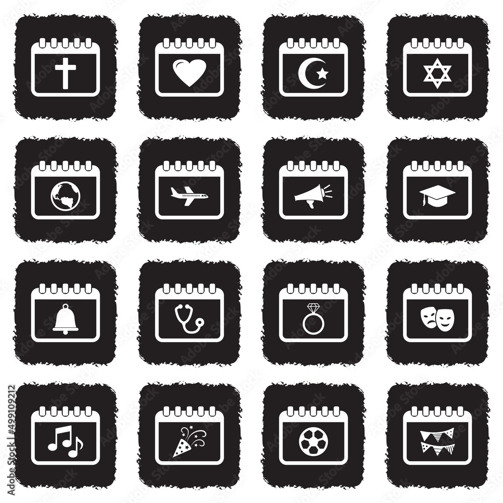 Calendar Event Icons. Grunge Black Flat Design. Vector Illustration. Calendar Event Icons. Grunge Black Flat Design. Vector Illustration.
