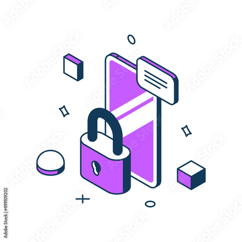 Smartphone personal data cyber security with lock antivirus hacker attack protection 3d icon isometric vector illustration. Mobile phone app information password theft protective software technology