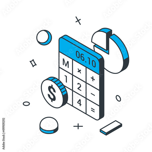 Business counting money budget financial balance calculation expenses and income 3d icon isometric vector illustration. Economy profit calculating commercial analyzing efficient strategy planning