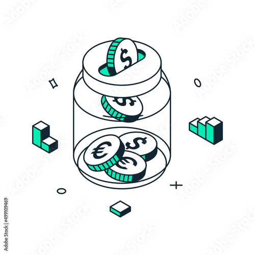 Business investment, banking bill, deposit, money storage piggy bank jar with currency coins isometric vector illustration. Finance economic analytics, funds, donation charity, retirement save invest