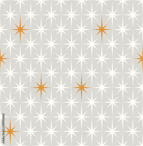 Gray, white and orange Mid-century 1950s modern starburst pattern.