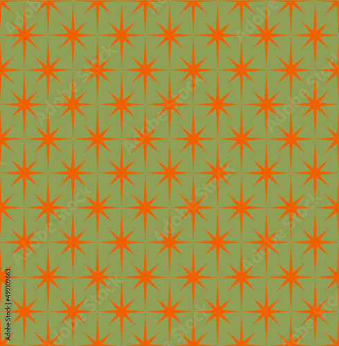 Orange and olive green Mid-century 1950s modern starburst pattern.