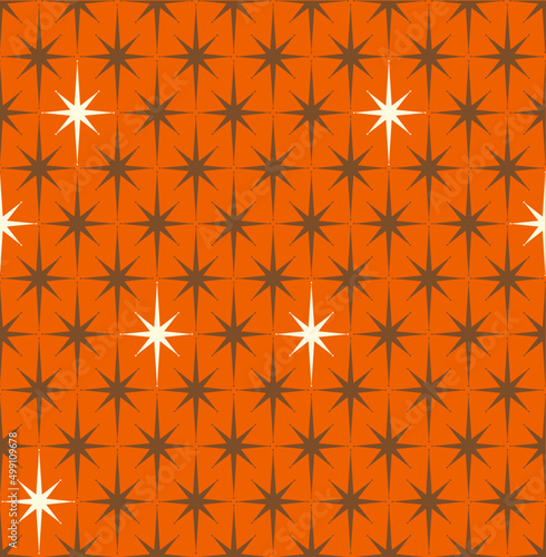 Orange and brown Mid-century 1950s modern starburst pattern.
