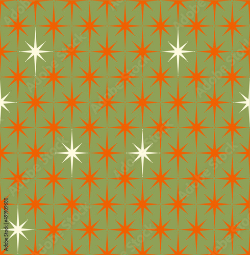 Orange, olive green and off-white Mid-century 1950s modern starburst pattern.