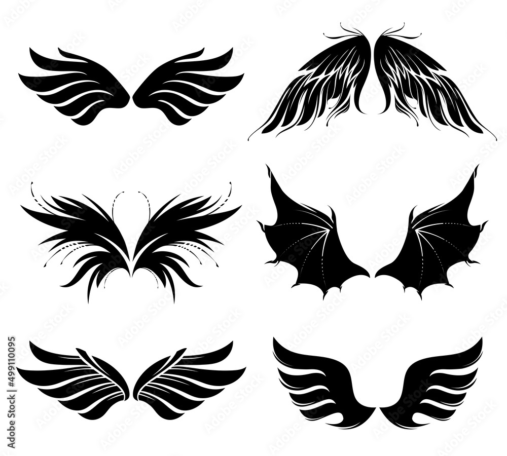 Set of six vector black wings. Different level of specification. Vector illustration for icon, mascot, emblem, award, insignia, icon, design element Set of six vector black wings. Different level of specification. Vector illustration for icon, mascot, emblem, award, insignia, icon, design element