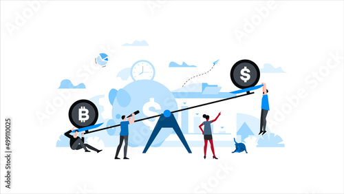 Conceptual vector illustration metaphor unequal weight. Dollar vs Bitcoin. Animation ready duik friendly vector. Conceptual business story. Cryptocurrency, investment, e-business.