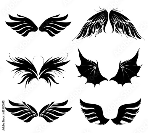 Set of six vector black wings. Different level of specification. Vector illustration for icon, mascot, emblem, award, insignia, icon, design element