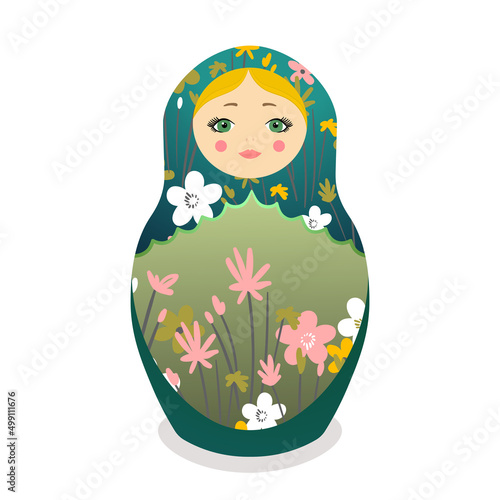 Russian Matryoshka. Traditional Russian folklore dolls with big eyes and lips. Babushka doll with hohloma, traditional painted floral pattern. Hand drawn vector illustration