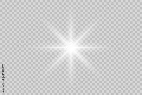 Vector png glowing light effect. Shine, glare, flare, flash illustration. White star on transparent