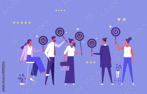 Male and female characters giving positive and negative feedback, concept of satisfaction rating and leaving review