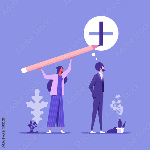 Think positive mindset, optimistic attitude to success in work, motivate employee for positivity concept, manager using pencil to draw positive sign on employee negative thought
