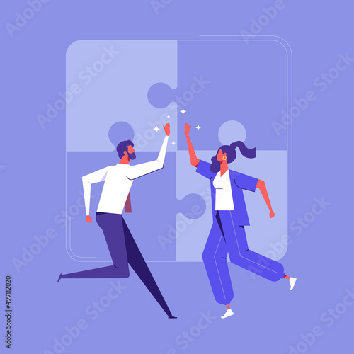 Hi five or congratulation on business goal achievement, businessman and woman teamwork coworkers giving high-five, Success and cooperation vector concept