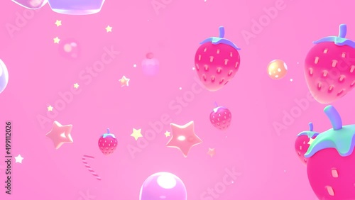Looped cartoon flying through sweet strawberry sky animation.