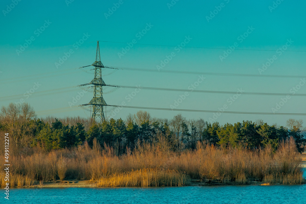 Power grid reaching over forest by blue lake