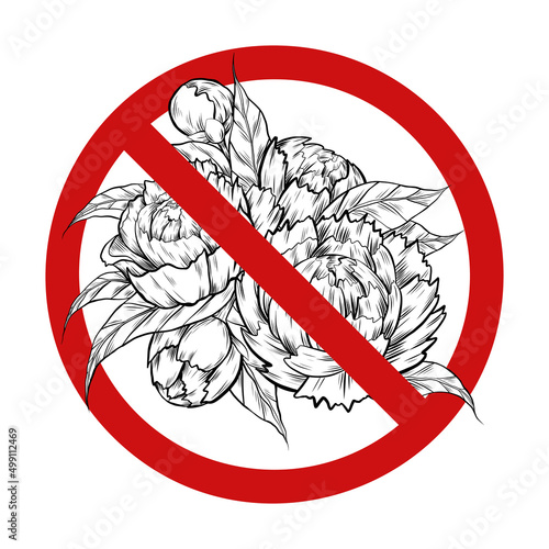 Vector forbidden sign with sketch of lush bush with peonies and leaves . Allergy danger. Prohibition icon to pluck flowers