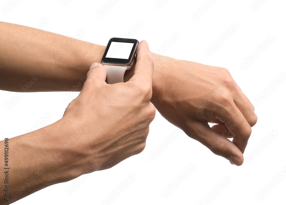 Male hands with modern smart wrist watch on white background Male hands with modern smart wrist watch on white background
